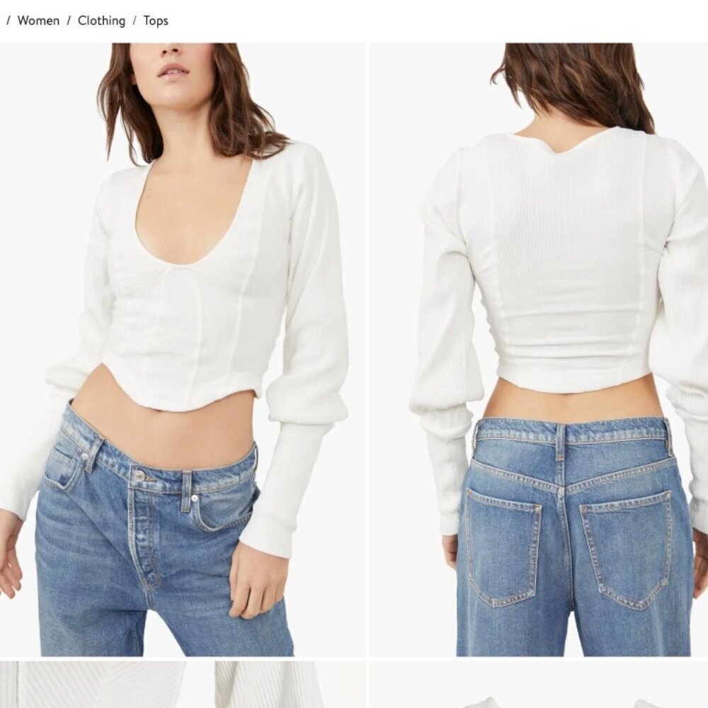Free People Petra U-Neck Cotton Blend Crop Top Shirt Long Sleeve Size Small